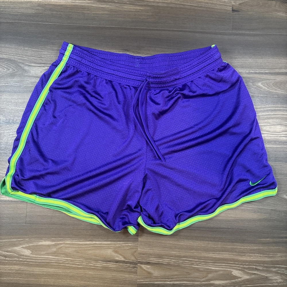 Nike Dri-Fit Mesh Athletic Training Shorts In Purple with Lime Green Trim SizeXL